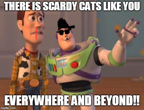 X, X Everywhere Meme | THERE IS SCARDY CATS LIKE YOU; EVERYWHERE AND BEYOND!! | image tagged in memes,x x everywhere | made w/ Imgflip meme maker