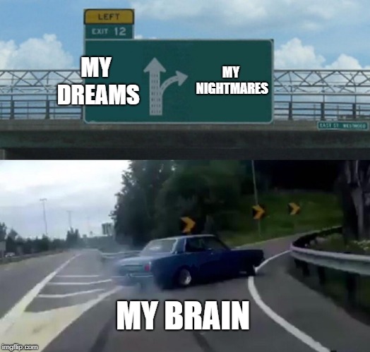 Left Exit 12 Off Ramp | MY DREAMS; MY NIGHTMARES; MY BRAIN | image tagged in memes,left exit 12 off ramp | made w/ Imgflip meme maker