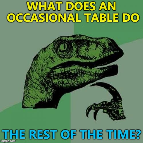 A meme with legs... :) | WHAT DOES AN OCCASIONAL TABLE DO; THE REST OF THE TIME? | image tagged in memes,philosoraptor,furniture | made w/ Imgflip meme maker