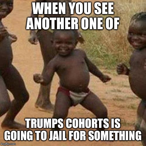 Third World Success Kid | WHEN YOU SEE ANOTHER ONE OF; TRUMPS COHORTS IS GOING TO JAIL FOR SOMETHING | image tagged in memes,third world success kid | made w/ Imgflip meme maker