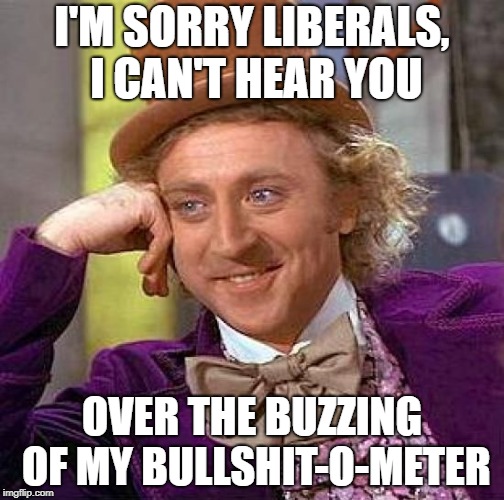 Creepy Condescending Wonka | I'M SORRY LIBERALS, I CAN'T HEAR YOU; OVER THE BUZZING OF MY BULLSHIT-O-METER | image tagged in memes,creepy condescending wonka | made w/ Imgflip meme maker