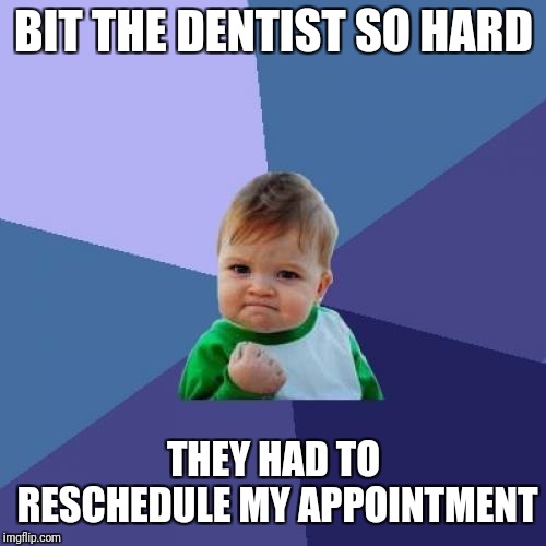 Success Kid Meme | BIT THE DENTIST SO HARD THEY HAD TO RESCHEDULE MY APPOINTMENT | image tagged in memes,success kid | made w/ Imgflip meme maker