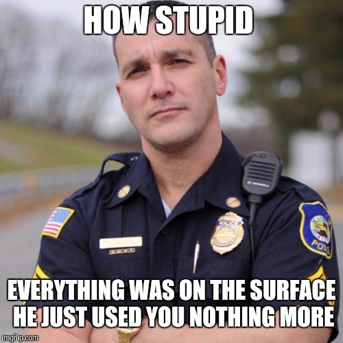 Cop | HOW STUPID; EVERYTHING WAS ON THE SURFACE HE JUST USED YOU NOTHING MORE | image tagged in cop | made w/ Imgflip meme maker