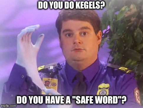 what the TSA needs to know | DO YOU DO KEGELS? DO YOU HAVE A "SAFE WORD"? | image tagged in memes,tsa | made w/ Imgflip meme maker