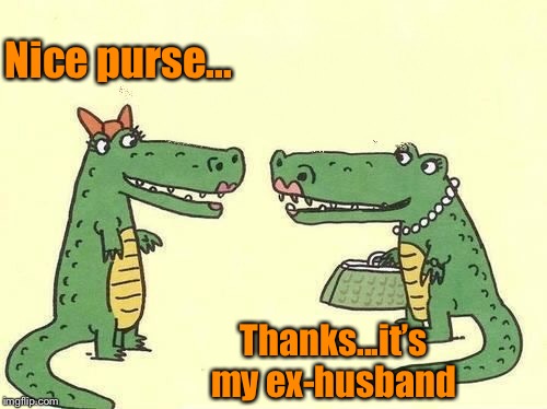 Guess she got the last bite | Nice purse... Thanks...it’s my ex-husband | image tagged in alligator,purse,ex-husband,funny | made w/ Imgflip meme maker