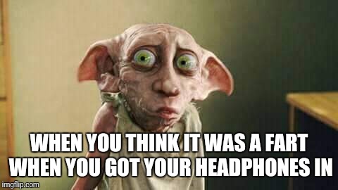 WHEN YOU THINK IT WAS A FART WHEN YOU GOT YOUR HEADPHONES IN | image tagged in dobby,harry potter | made w/ Imgflip meme maker