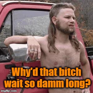 HillBilly | Why'd that b**ch wait so damm long? | image tagged in hillbilly | made w/ Imgflip meme maker