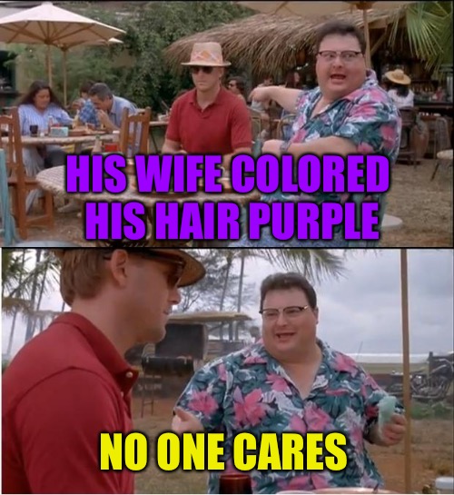 My wife thought the box said black... but it was plum colored! | HIS WIFE COLORED HIS HAIR PURPLE; NO ONE CARES | image tagged in memes,see nobody cares | made w/ Imgflip meme maker