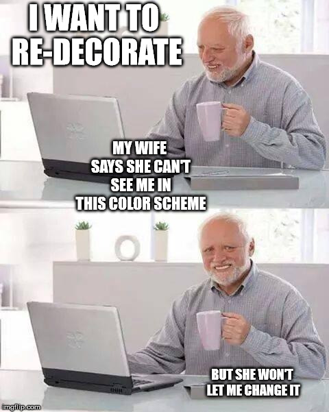 Harold Consults the HGTV Channel | I WANT TO RE-DECORATE; MY WIFE SAYS SHE CAN'T SEE ME IN THIS COLOR SCHEME; BUT SHE WON'T LET ME CHANGE IT | image tagged in memes,hide the pain harold,re-decorating | made w/ Imgflip meme maker
