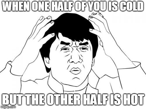 Jackie Chan WTF Meme | WHEN ONE HALF OF YOU IS COLD; BUT THE OTHER HALF IS HOT | image tagged in memes,jackie chan wtf | made w/ Imgflip meme maker