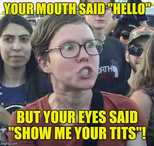 Triggered feminist | YOUR MOUTH SAID "HELLO" BUT YOUR EYES SAID "SHOW ME YOUR TITS"! | image tagged in triggered feminist | made w/ Imgflip meme maker