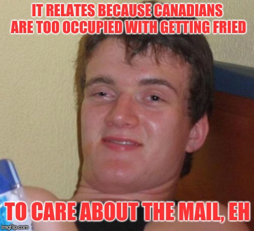 10 Guy Meme | IT RELATES BECAUSE CANADIANS ARE TOO OCCUPIED WITH GETTING FRIED TO CARE ABOUT THE MAIL, EH | image tagged in memes,10 guy | made w/ Imgflip meme maker