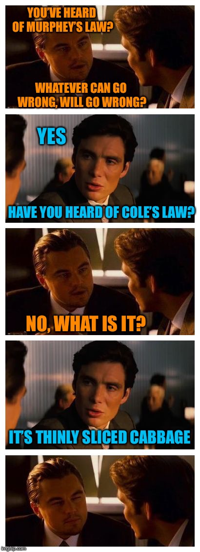 Cole’s law | YOU’VE HEARD OF MURPHEY’S LAW? WHATEVER CAN GO WRONG, WILL GO WRONG? YES; HAVE YOU HEARD OF COLE’S LAW? NO, WHAT IS IT? IT’S THINLY SLICED CABBAGE | image tagged in leonardo inception extended,murphy's law,bad joke,funny meme | made w/ Imgflip meme maker