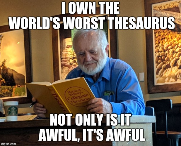 Its stupid, and dumb... And dumb, and stupid... | I OWN THE WORLD'S WORST THESAURUS; NOT ONLY IS IT AWFUL, IT'S AWFUL | image tagged in thesaurus man,synonyms,memes,ilikepie314159265358979 | made w/ Imgflip meme maker