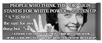 OK | PEOPLE WHO THINK THE "OK" SIGN STANDS FOR WHITE POWER ---LISTEN UP. "👌" IS NOT the sign for any thing but--"ok". I ASSURE YOU THAT IT DID NOT COME WITH THE BOOK OF JELLO RECIPES THAT WE GET WITH OUR "WHITE PRIVILEGE". | image tagged in ok,white privilege | made w/ Imgflip meme maker