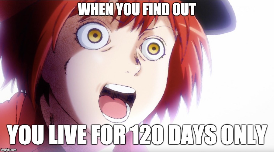 red blood cell life 120 days | WHEN YOU FIND OUT; YOU LIVE FOR 120 DAYS ONLY | image tagged in medical school,anime | made w/ Imgflip meme maker