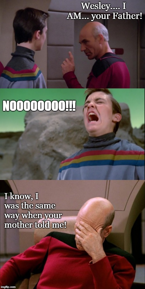 Enterprise Wars | Wesley.... I AM... your Father! NOOOOOOOO!!! I know, I was the same way when your mother told me! | image tagged in star wars,star trek,funny,sci-fi,patrick stewart | made w/ Imgflip meme maker
