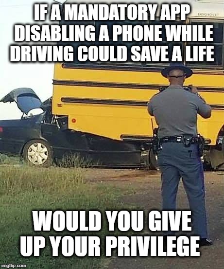 Cell Phones Kill | IF A MANDATORY APP DISABLING A PHONE WHILE DRIVING COULD SAVE A LIFE; WOULD YOU GIVE UP YOUR PRIVILEGE | image tagged in car crash | made w/ Imgflip meme maker