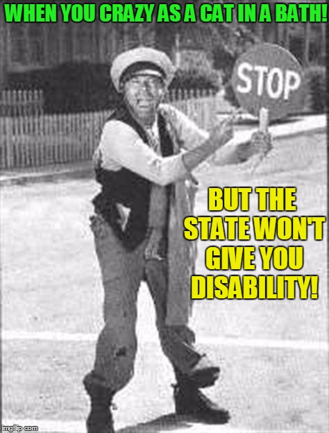 Seriously! Some people need to be on disability! | WHEN YOU CRAZY AS A CAT IN A BATH! BUT THE STATE WON'T GIVE YOU DISABILITY! | image tagged in earnest t bass,andy griffith,disability | made w/ Imgflip meme maker
