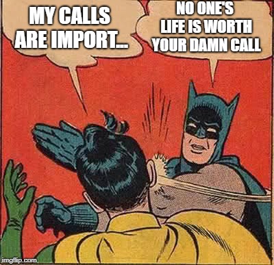 Put down your bloody phone!!! | NO ONE'S LIFE IS WORTH YOUR DAMN CALL; MY CALLS ARE IMPORT... | image tagged in memes,batman slapping robin,mobile,driving | made w/ Imgflip meme maker