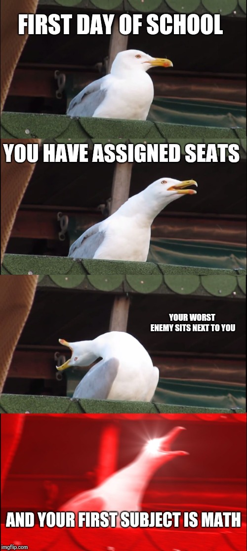 Inhaling Seagull Meme | FIRST DAY OF SCHOOL; YOU HAVE ASSIGNED SEATS; YOUR WORST ENEMY SITS NEXT TO YOU; AND YOUR FIRST SUBJECT IS MATH | image tagged in memes,inhaling seagull | made w/ Imgflip meme maker