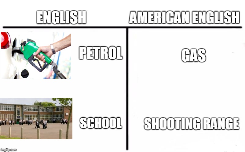 Differences | ENGLISH; AMERICAN ENGLISH; GAS; PETROL; SCHOOL; SHOOTING RANGE | image tagged in memes,america,england | made w/ Imgflip meme maker