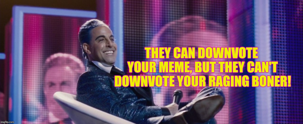 Hunger Games - Caesar Flickerman (Stanley Tucci) | THEY CAN DOWNVOTE YOUR MEME, BUT THEY CAN'T DOWNVOTE YOUR RAGING BONER! | image tagged in hunger games - caesar flickerman stanley tucci | made w/ Imgflip meme maker