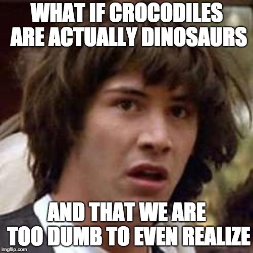 Conspiracy Keanu Meme | WHAT IF CROCODILES ARE ACTUALLY DINOSAURS; AND THAT WE ARE TOO DUMB TO EVEN REALIZE | image tagged in memes,conspiracy keanu | made w/ Imgflip meme maker