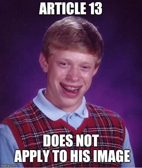 Bad Luck Brian Meme | ARTICLE 13 DOES NOT APPLY TO HIS IMAGE | image tagged in memes,bad luck brian | made w/ Imgflip meme maker