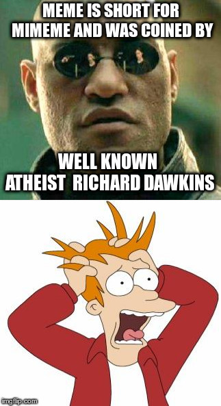 The Truth about Godless Memes! | MEME IS SHORT FOR MIMEME AND WAS COINED BY; WELL KNOWN ATHEIST  RICHARD DAWKINS | image tagged in what if i told you,fry,memes,atheism,humor,non-political memes | made w/ Imgflip meme maker