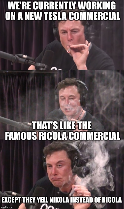 DUDE, WHERE’S MY CAR??? | WE’RE CURRENTLY WORKING ON A NEW TESLA COMMERCIAL; THAT’S LIKE THE FAMOUS RICOLA COMMERCIAL; EXCEPT THEY YELL NIKOLA INSTEAD OF RICOLA | image tagged in elon musk,memes,funny | made w/ Imgflip meme maker