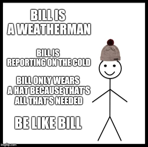 Be Like Bill Meme | BILL IS A WEATHERMAN; BILL IS REPORTING ON THE COLD; BILL ONLY WEARS A HAT BECAUSE THAT'S ALL THAT'S NEEDED; BE LIKE BILL | image tagged in memes,be like bill | made w/ Imgflip meme maker