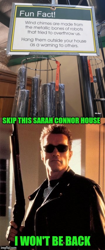 Fight the machine | SKIP THIS SARAH CONNOR HOUSE; I WON'T BE BACK | image tagged in terminator,arnold,chimes,sign,pipe_picasso | made w/ Imgflip meme maker