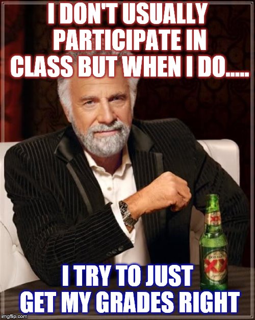 The Most Interesting Man In The World | I DON'T USUALLY PARTICIPATE IN CLASS BUT WHEN I DO..... I TRY TO JUST GET MY GRADES RIGHT | image tagged in memes,the most interesting man in the world | made w/ Imgflip meme maker