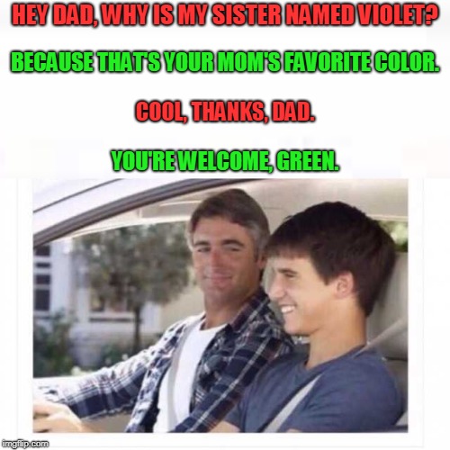I decided to try my hand at one of these | HEY DAD, WHY IS MY SISTER NAMED VIOLET? BECAUSE THAT'S YOUR MOM'S FAVORITE COLOR. COOL, THANKS, DAD. YOU'RE WELCOME, GREEN. | image tagged in dad why is my sister named rose | made w/ Imgflip meme maker