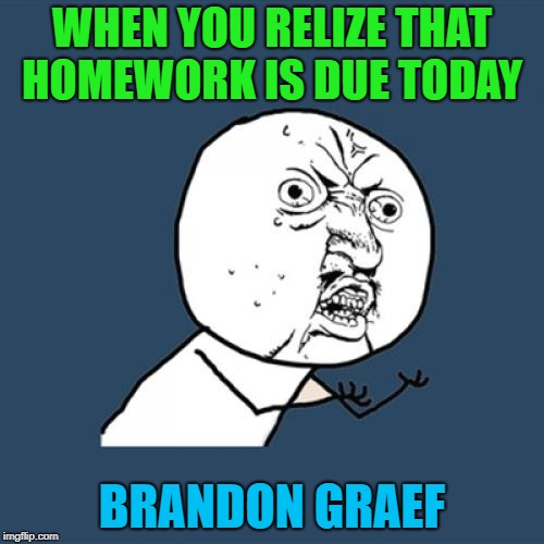 Y U No Meme | WHEN YOU RELIZE THAT HOMEWORK IS DUE TODAY; BRANDON GRAEF | image tagged in memes,y u no | made w/ Imgflip meme maker