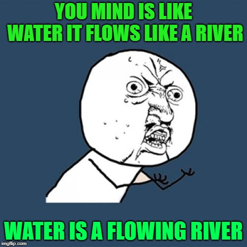 Y U No | YOU MIND IS LIKE WATER IT FLOWS LIKE A RIVER; WATER IS A FLOWING RIVER | image tagged in memes,y u no | made w/ Imgflip meme maker
