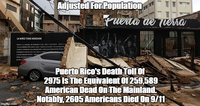 "Perspective On Puerto Rico's Hurricane Death Toll" | Adjusted For Population; Puerto Rico's Death Toll Of 2975 Is The Equivalent Of 259,589 American Dead On The Mainland. Notably, 2605 Americans Died On 9/11 | image tagged in puerto rico,hurricane maria,hurricane maria death toll,puerto rico death toll | made w/ Imgflip meme maker
