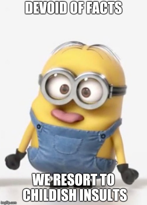 minion sticking tongue out | DEVOID OF FACTS WE RESORT TO CHILDISH INSULTS | image tagged in minion sticking tongue out | made w/ Imgflip meme maker