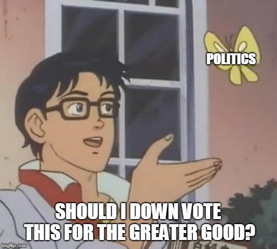 I down vote every political meme I see. Even if I agree with the message or sentiment.  |  POLITICS; SHOULD I DOWN VOTE THIS FOR THE GREATER GOOD? | image tagged in memes,is this a pigeon,down vote politics | made w/ Imgflip meme maker