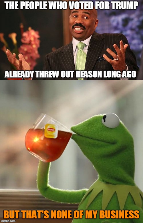 THE PEOPLE WHO VOTED FOR TRUMP BUT THAT'S NONE OF MY BUSINESS ALREADY THREW OUT REASON LONG AGO | made w/ Imgflip meme maker