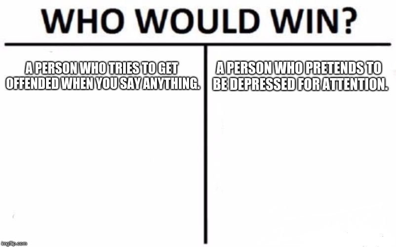 Who Would Win? Meme | A PERSON WHO TRIES TO GET OFFENDED WHEN YOU SAY ANYTHING. A PERSON WHO PRETENDS TO BE DEPRESSED FOR ATTENTION. | image tagged in memes,who would win | made w/ Imgflip meme maker