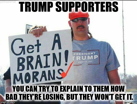 Morans! | TRUMP SUPPORTERS; YOU CAN TRY TO EXPLAIN TO THEM HOW BAD THEY'RE LOSING, BUT THEY WON'T GET IT. | image tagged in donald trump,trump supporters,stupid,treason,mueller,traitor | made w/ Imgflip meme maker