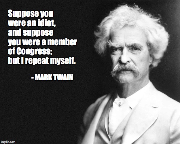 Mark Twain | Suppose you were an idiot, and suppose you were a member of Congress; but I repeat myself. - MARK TWAIN | image tagged in mark twain | made w/ Imgflip meme maker