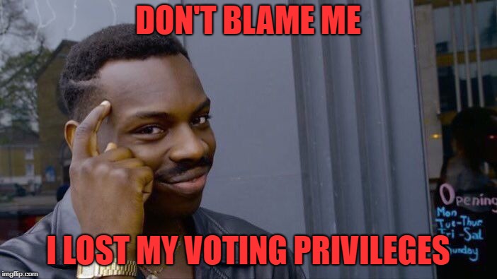 Roll Safe Think About It Meme | DON'T BLAME ME I LOST MY VOTING PRIVILEGES | image tagged in memes,roll safe think about it | made w/ Imgflip meme maker