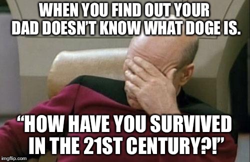 Captain Picard Facepalm Meme | WHEN YOU FIND OUT YOUR DAD DOESN’T KNOW WHAT DOGE IS. “HOW HAVE YOU SURVIVED IN THE 21ST CENTURY?!” | image tagged in memes,captain picard facepalm | made w/ Imgflip meme maker