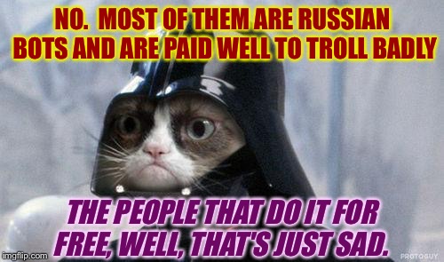 Grumpy Cat Star Wars Meme | NO.  MOST OF THEM ARE RUSSIAN BOTS AND ARE PAID WELL TO TROLL BADLY THE PEOPLE THAT DO IT FOR FREE, WELL, THAT'S JUST SAD. | image tagged in memes,grumpy cat star wars,grumpy cat | made w/ Imgflip meme maker