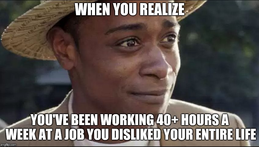 get out | WHEN YOU REALIZE; YOU'VE BEEN WORKING 40+ HOURS A WEEK AT A JOB YOU DISLIKED YOUR ENTIRE LIFE | image tagged in get out | made w/ Imgflip meme maker