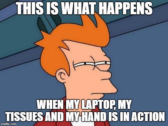 Futurama Fry Meme | THIS IS WHAT HAPPENS; WHEN MY LAPTOP, MY TISSUES AND MY HAND IS IN ACTION | image tagged in memes,futurama fry | made w/ Imgflip meme maker
