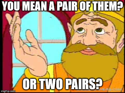 Hyrule King | YOU MEAN A PAIR OF THEM? OR TWO PAIRS? | image tagged in hyrule king | made w/ Imgflip meme maker